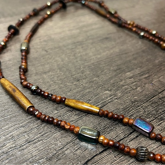 Bohemian Style Wooden and Metal Beaded Necklace - Picture 2 of 3